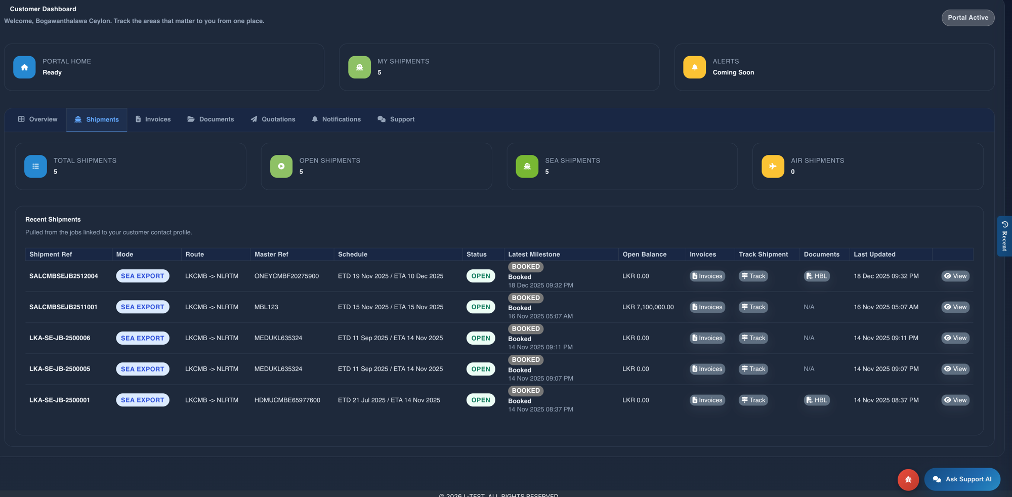 Customer Dashboard Shipments
