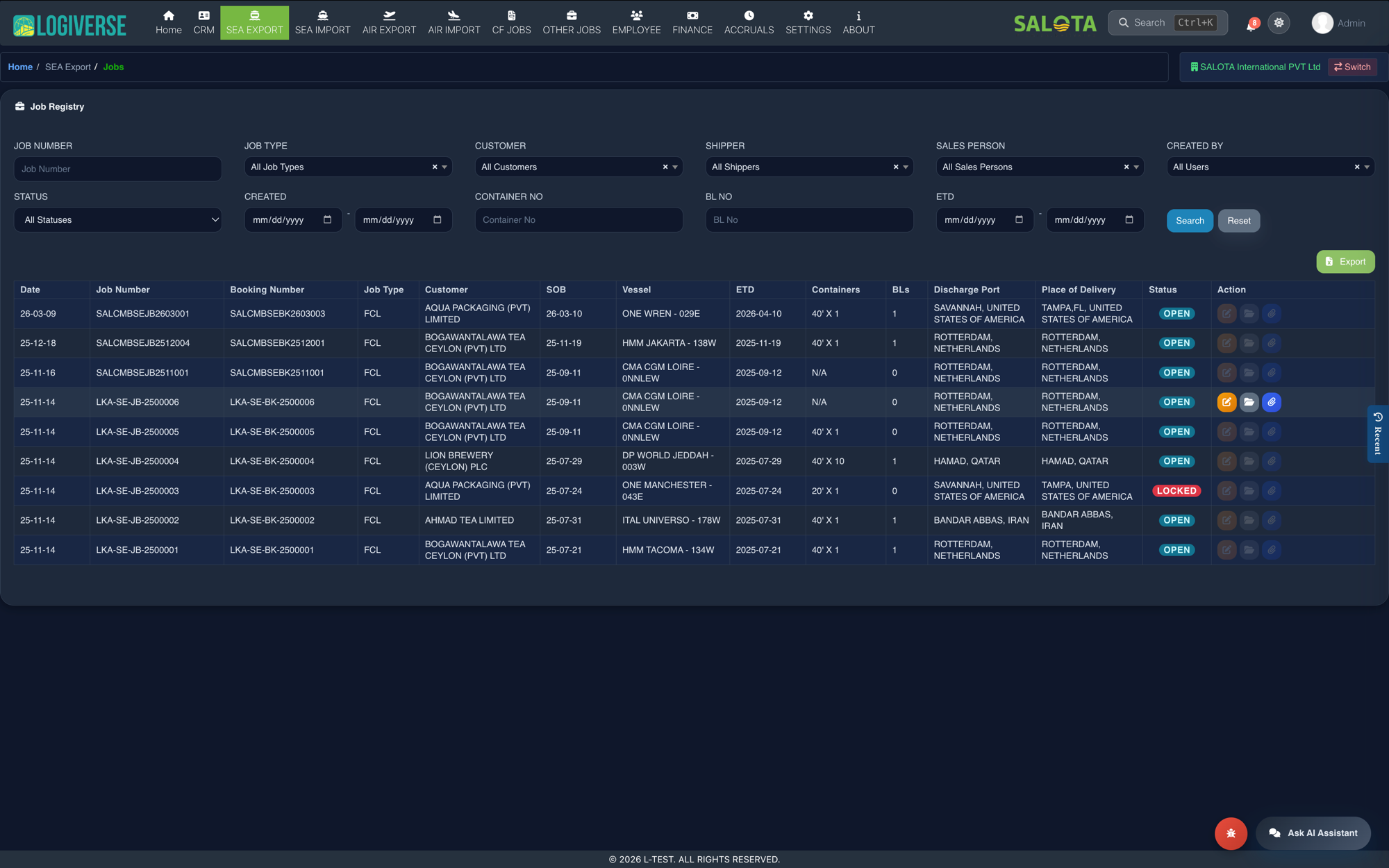 Sea Export Job Registry